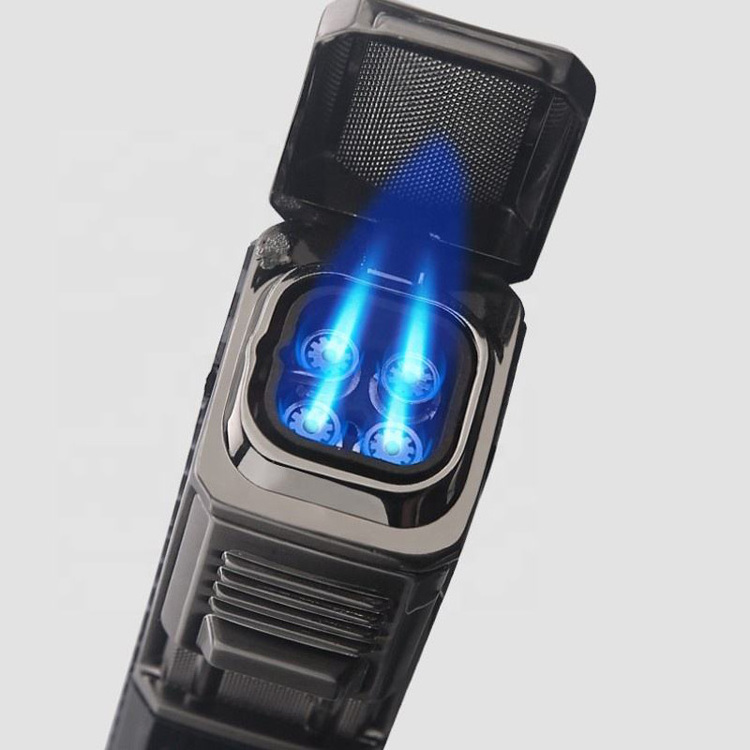 Creative Blue Flame Four Straight Flush Lighter Multi-function Cigar Holder Lighter Special Visual Gas Window Portable Lighter