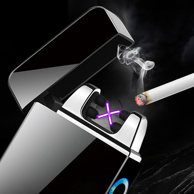 New Customize Logo Boyfriend Gift Double Arc Windproof Cigarette Lighter Portable Electricity Display Usb Charging Lighter