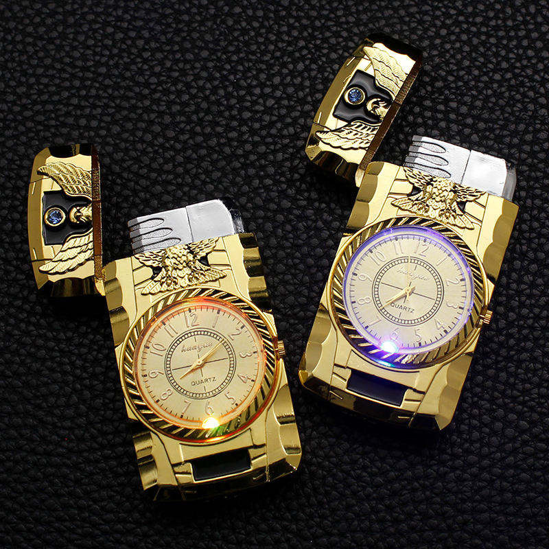 New colorful light watch creative inflatable lighter windproof Direct Flame cigarette lighter personalized clock