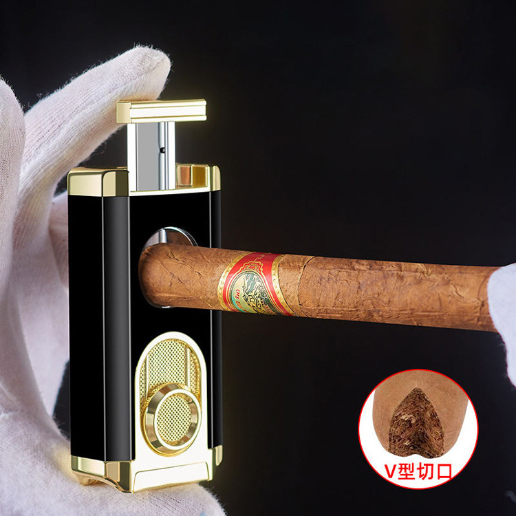 New Luxury Metal Silver Cigar Lighter And Punch Cutter Gift Set Custom Logo Butane Zinc Alloy Cigar Lighter