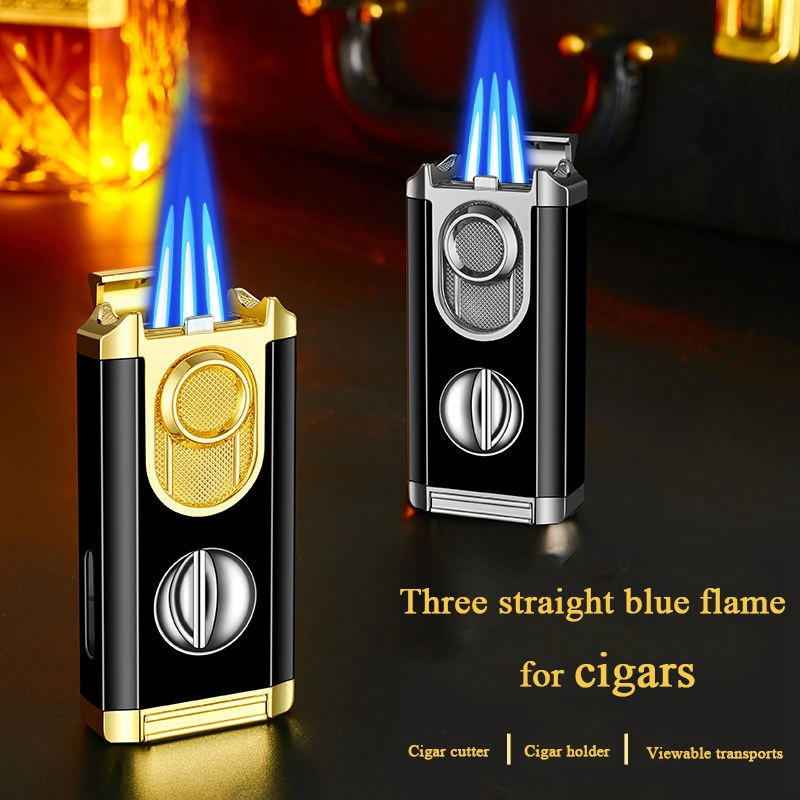 BaoShi New Three Jet Flame Cigar Torch Lighter with Cutter V Cut Cigar Punch Multifunctional Cigar Accessories