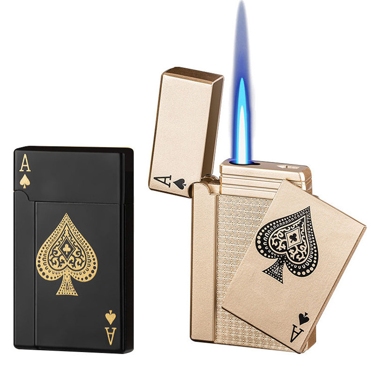 wholesale Green Flame Ace Card Lighter Refillable Butane Lighter Ace of Spades Cool Lighter Windproof Poker Design