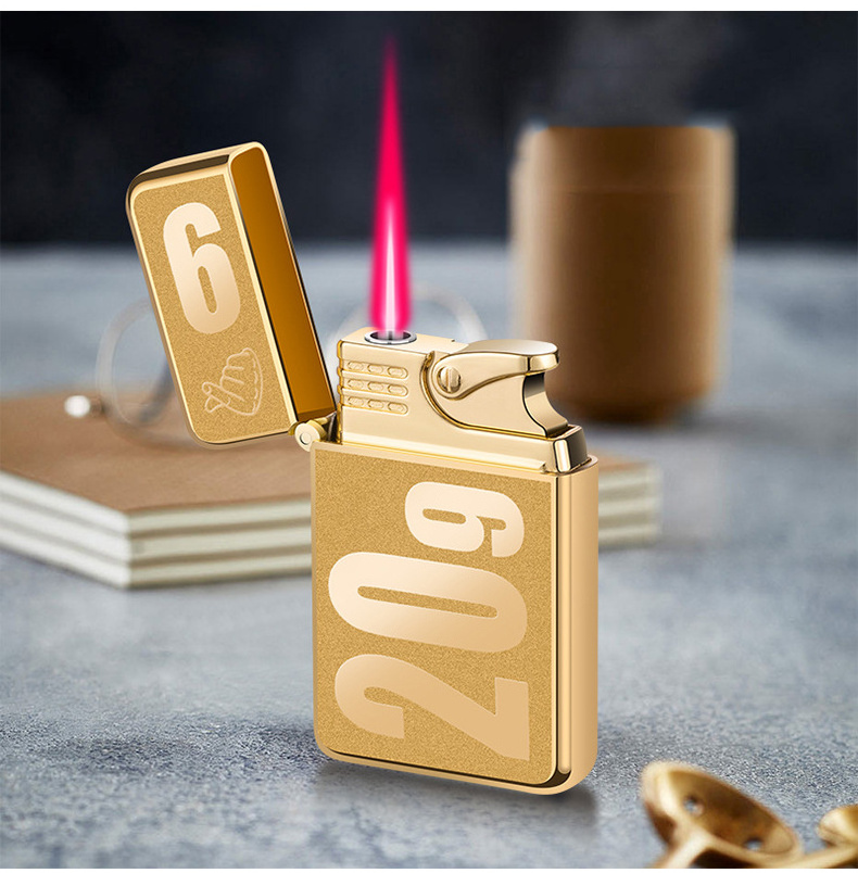 Hot Sale Creative waterproof metal lighter electroplating embossed red fire jet flame inflatable lighter for gift