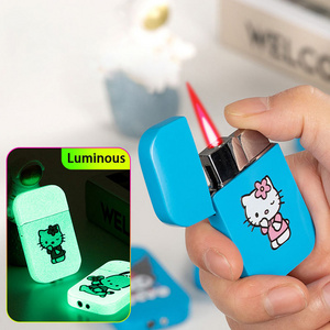 CreativeHello kitty lighter Blue Luminous Windproof Pink Flame butane gas lighter melody kulomi dog cute cartoon girl's lighter