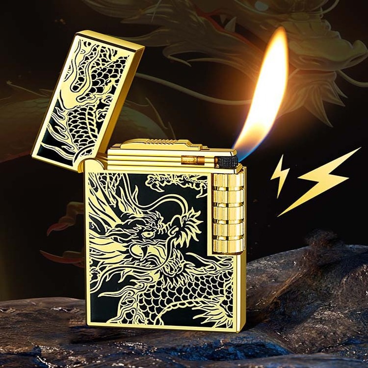 Creative Metal Butane Gas Lighter Dragon Pattern Side Grinding Wheel Soft Flame Lighter