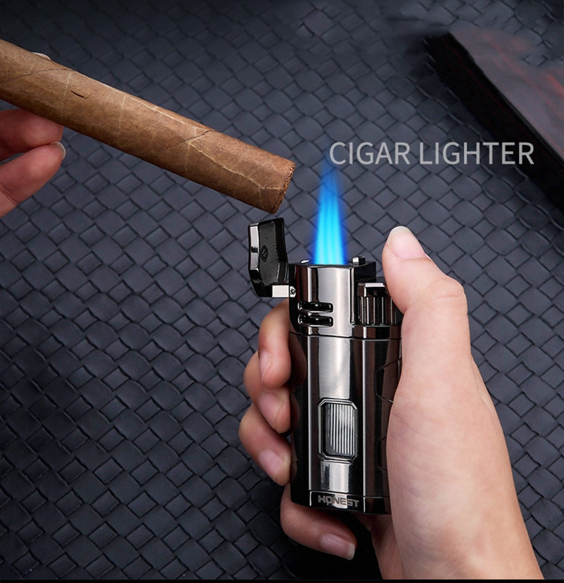 HONEST New design Cigar Lighter Triple Jet Flame Cigar Lighter with Cigar Cutter Windproof Butane Refillable Torch Lighters