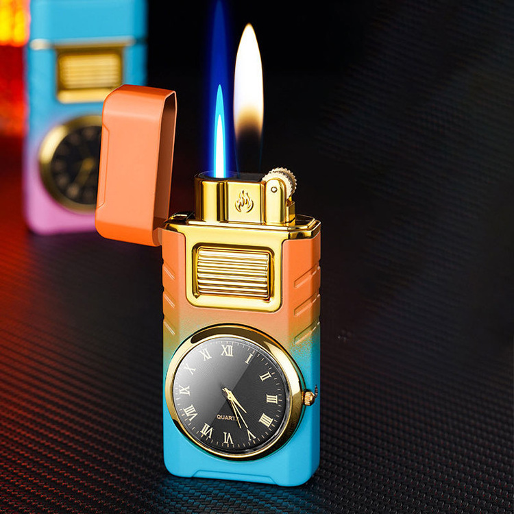 Creative clock lighter with light watch lighter inflatable double fire torch lighter laser custom logo