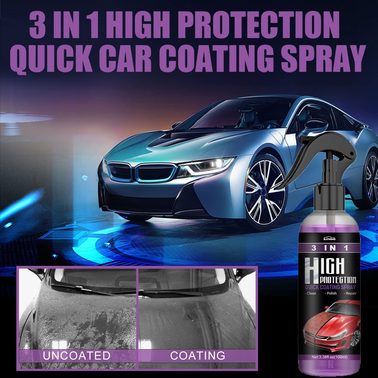 3-in-1 High Protection Fast Car Coating Ceramic Spray, Car Scratch Nano Repair Spray Car Coating Fast Wax Polishing Spray Plasti