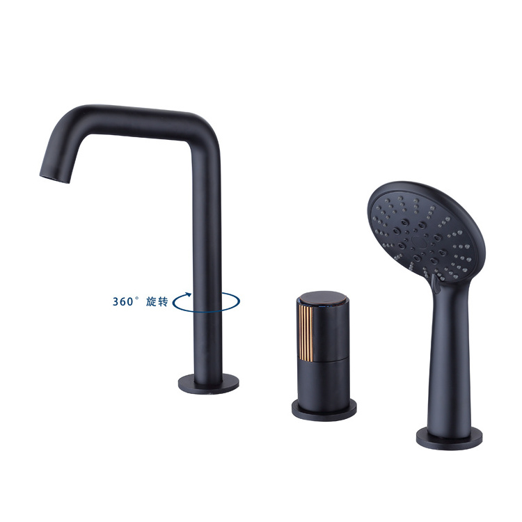 Bathroom Deck Mounted 5 Holes Three Handles Bathtub Faucet 5 Hole Black Brass 5pcs Bathroom Tub Sink Faucet with Hand Shower