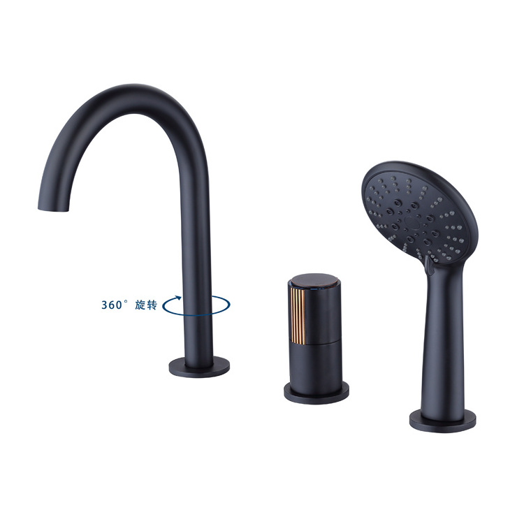 Bathroom Deck Mounted 5 Holes Three Handles Bathtub Faucet 5 Hole Black Brass 5pcs Bathroom Tub Sink Faucet with Hand Shower