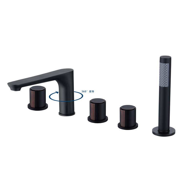 Bathroom Deck Mounted 5 Holes Three Handles Bathtub Faucet 5 Hole Black Brass 5pcs Bathroom Tub Sink Faucet with Hand Shower