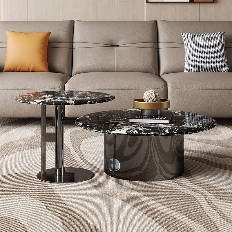 Modern Minimalist Marble Coffee Table with Stainless Steel Black Titanium Base