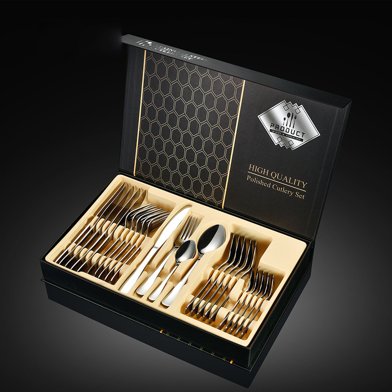 KLH013 24pcs Western Flatware Steak Knife Fork Spoon Portugal Tableware Gift Box 1010 Stainless Steel Cutlery Set