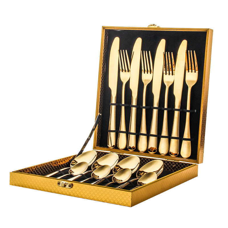 C452 Stainless Steel Cutlery 16-piece Gift Golden Wooden Box Set Gold Plated Western Style Tableware Knife Fork Spoon Dinner Set