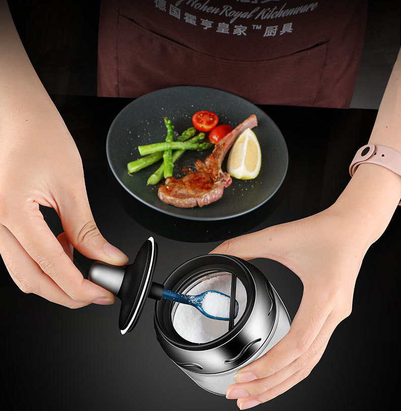 Kitchen stainless steel 360 degree rotating seasoning bottle sealed with spoon cover integrated glass seasoning jar spice jar