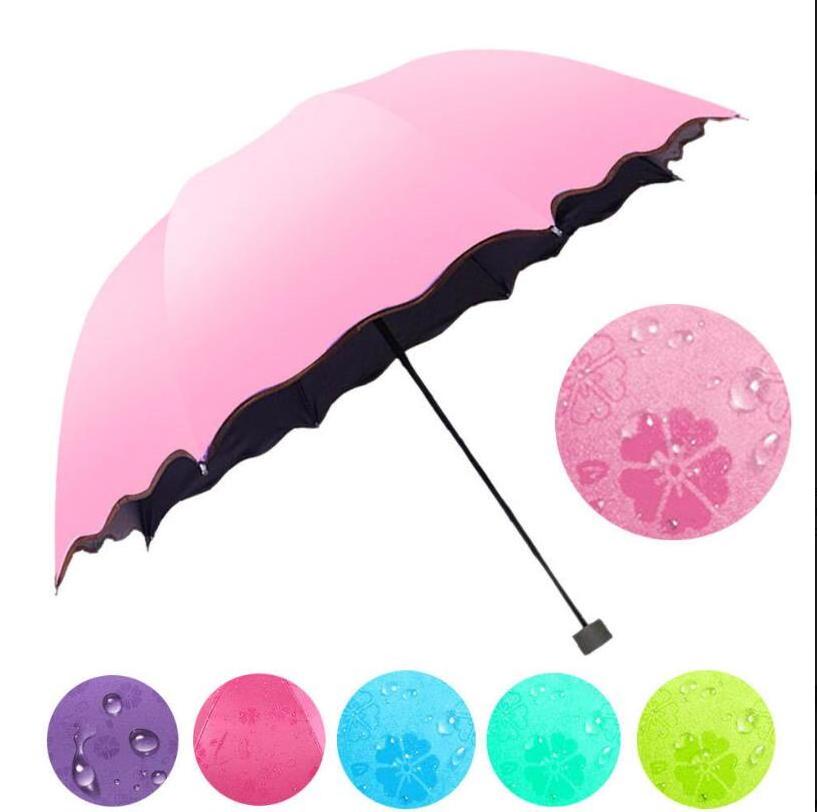 O-168 Flower Color Changing Umbrella Three Folds Magic Windproof Anti UV Sun Rain Outdoor Folding Umbrella