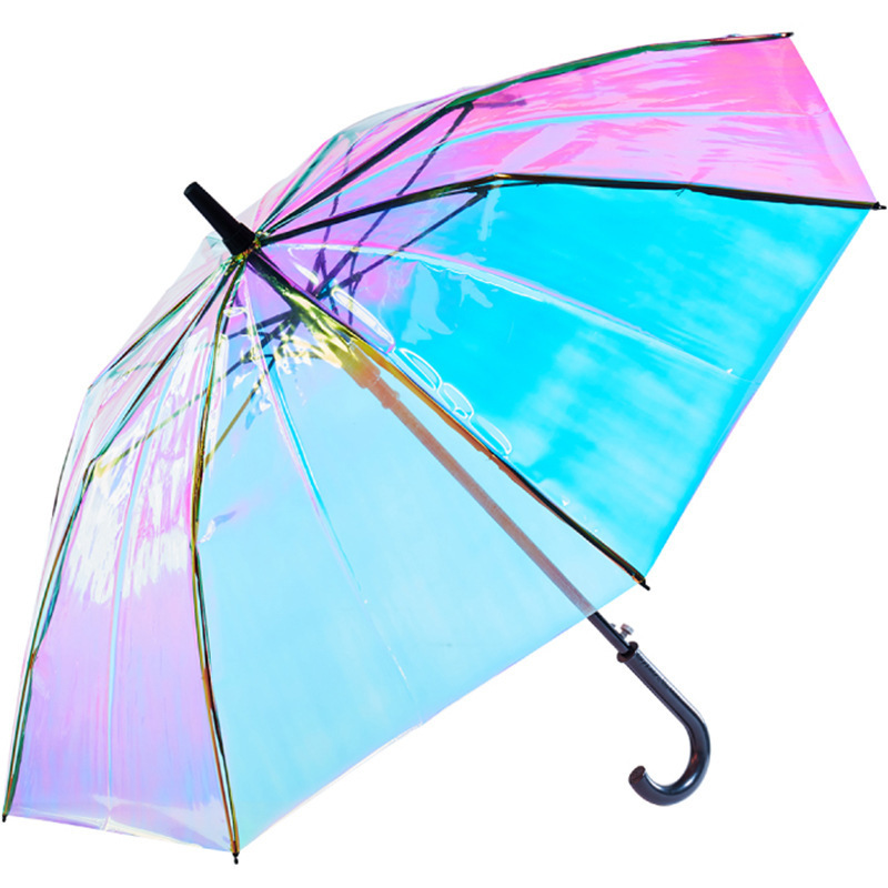 O-170 Laser Transparent Umbrella Rain Sunshade Long Handle Colorful Gradient Plastic PVC Holographic Umbrellas