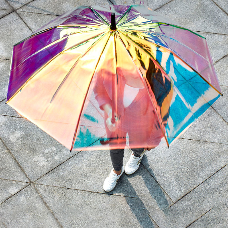 O-170 Laser Transparent Umbrella Rain Sunshade Long Handle Colorful Gradient Plastic PVC Holographic Umbrellas