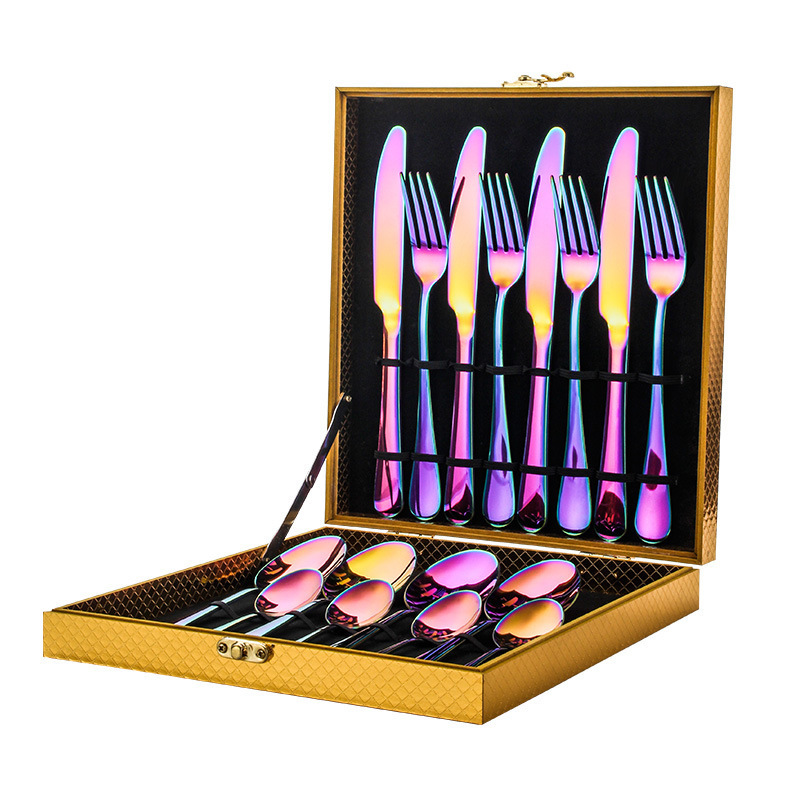 C452 Stainless Steel Cutlery 16-piece Gift Golden Wooden Box Set Gold Plated Western Style Tableware Knife Fork Spoon Dinner Set