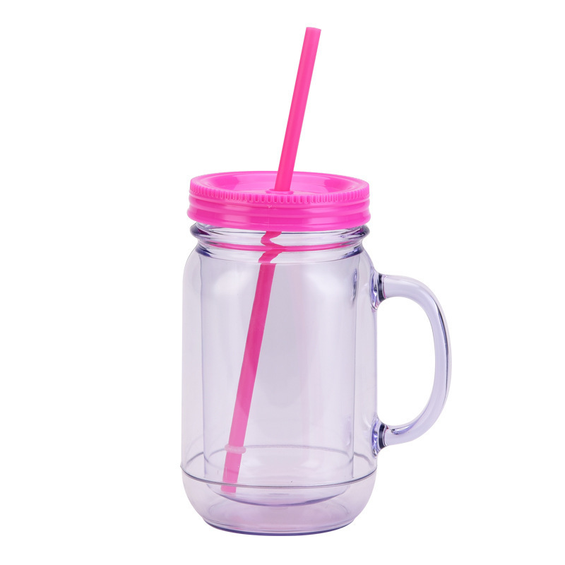 DD1865  Colored Lids Wide Mouth Cup 20 oz Clear Plastic Drinking Bottle Mason Jar Mugs with Handles Lids and Straws