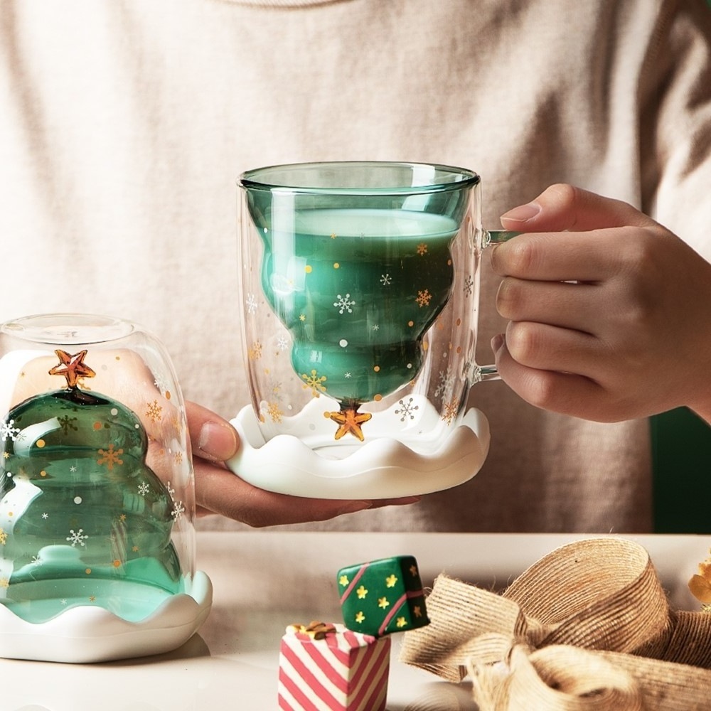 ZY73 Cartoon 300ml Glass Mug Christmas Wishing Cups Christmas Tree Xmas Gift Double Wall Glass Cup