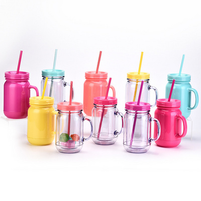 DD1865  Colored Lids Wide Mouth Cup 20 oz Clear Plastic Drinking Bottle Mason Jar Mugs with Handles Lids and Straws