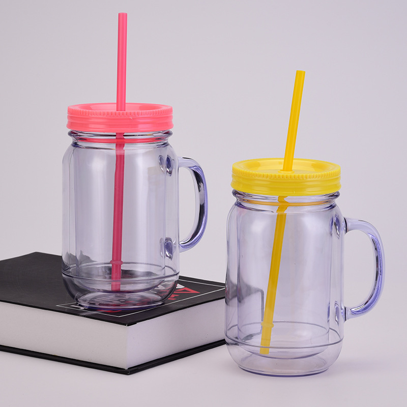 DD1865  Colored Lids Wide Mouth Cup 20 oz Clear Plastic Drinking Bottle Mason Jar Mugs with Handles Lids and Straws