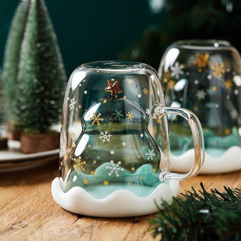 ZY73 Cartoon 300ml Glass Mug Christmas Wishing Cups Christmas Tree Xmas Gift Double Wall Glass Cup