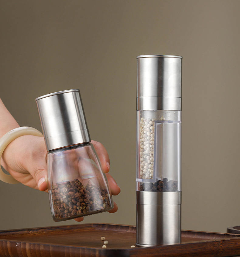 WXL710 Sea Salt Pepper Spice Manual Grinder Kitchen Tools Stainless Steel Double Head 2-in-1 Pepper Grinder