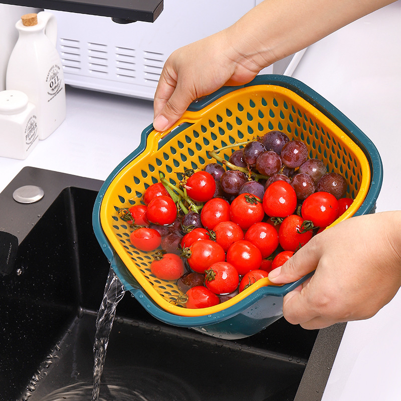 WDD589 Double Layer Practical Vegetable Fruits Wash Basin 6 Pieces Set Kitchen Thickened Drain Basket Multipurpose Drain Baskets