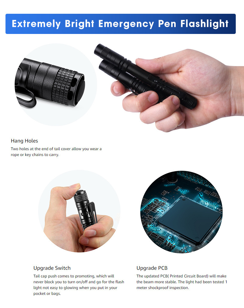 Portable tactical led pocket clip pen flashlight powerful USB charging emergency mini LED flashlight