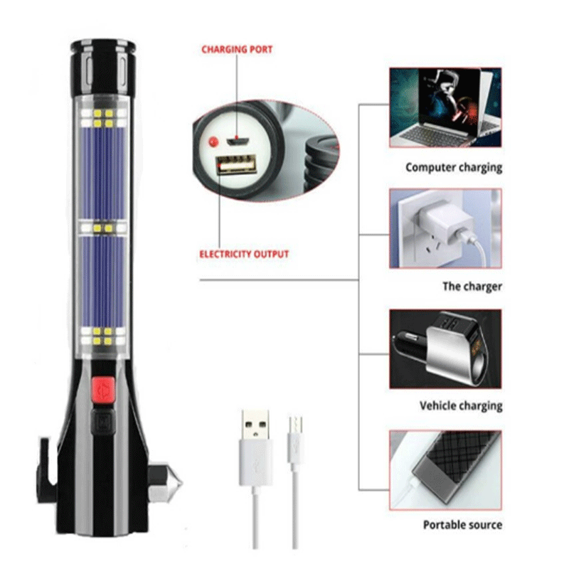 T6 car safety hammer flashlight solar fire emergency alarm flashlight USB input and output