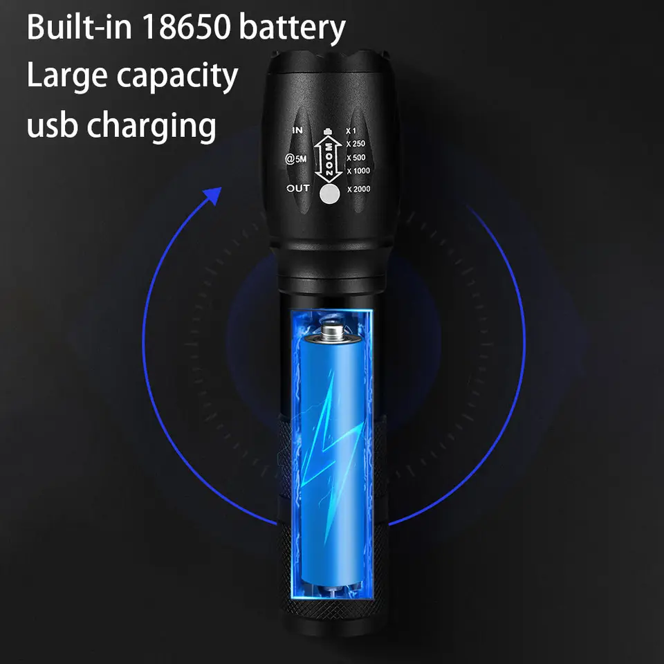 portable 2000 Lumen Handheld Flashlight LED XML-T6 Water Resistant Camping Torch Adjustable Focus Zoom Tactical Flashlight