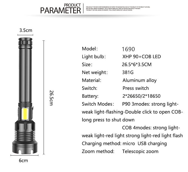 Xhp90 Bead COB LED Flashlight USB Charging Waterproof Telescopic Zoom Tactical Flashlight with Input and Output