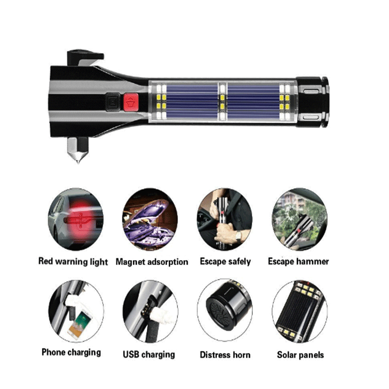 T6 car safety hammer flashlight solar fire emergency alarm flashlight USB input and output