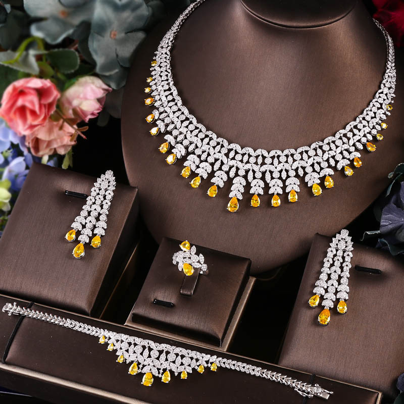 Luxury Nigeria CZ Crystal Wedding 4pcs Bridal Zirconia Full UAE Dubai Jewelry Sets For Women Party