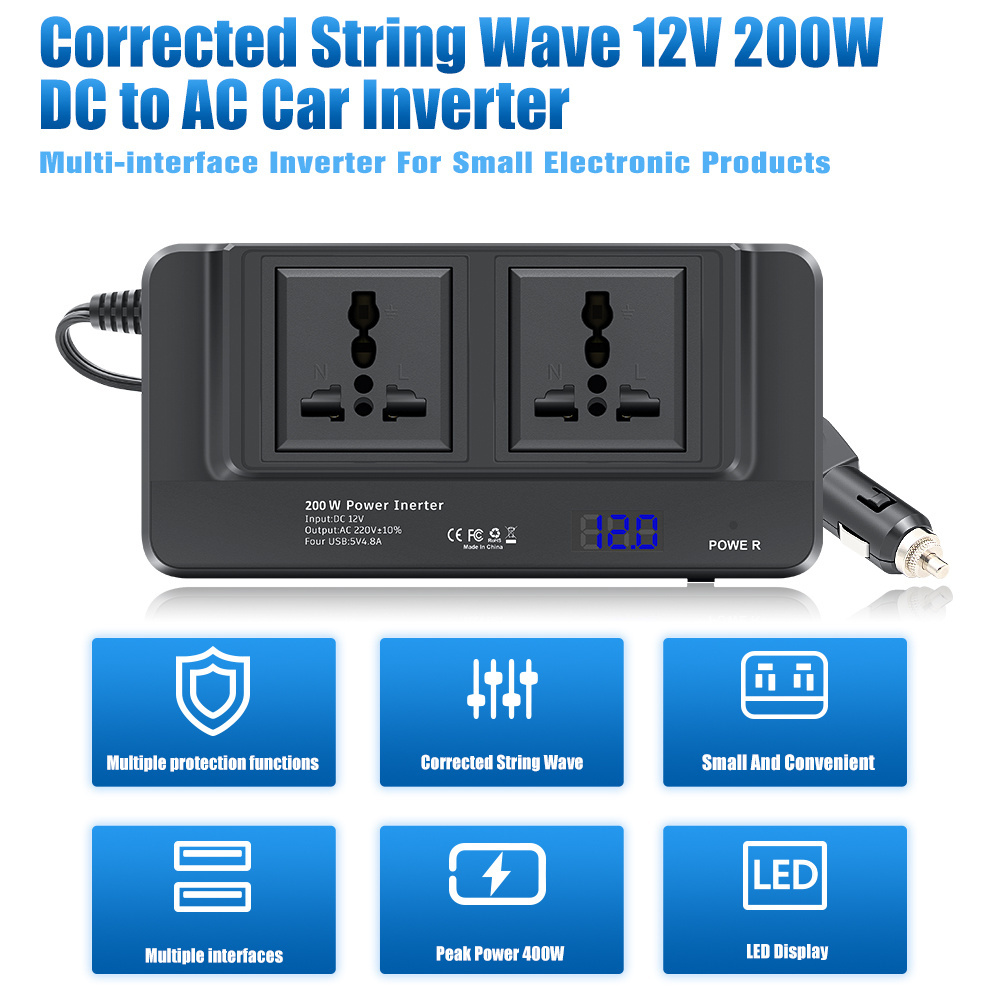 Universal Sockets 2 AC Outlet 4USB Ports Modified Sine Wave 200W Power converter DC 12V to AC 220V Germany Car Power Inverter