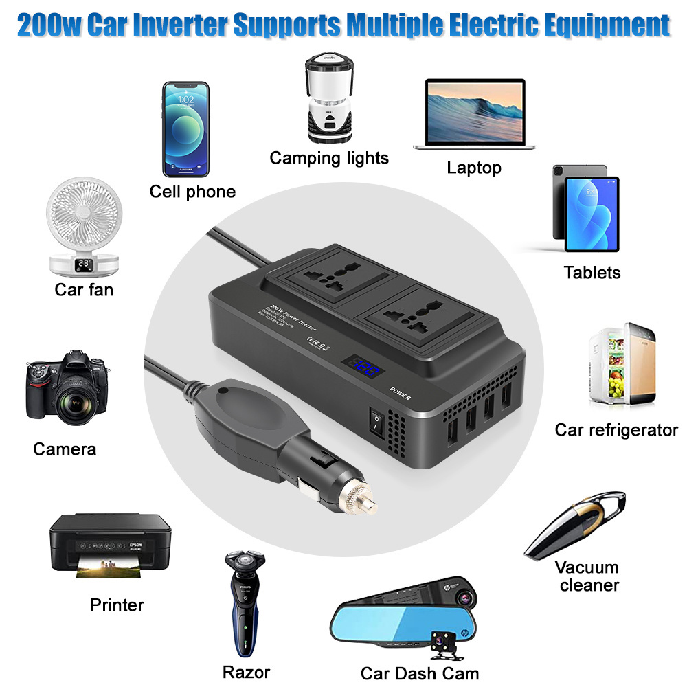 Universal Sockets 2 AC Outlet 4USB Ports Modified Sine Wave 200W Power converter DC 12V to AC 220V Germany Car Power Inverter