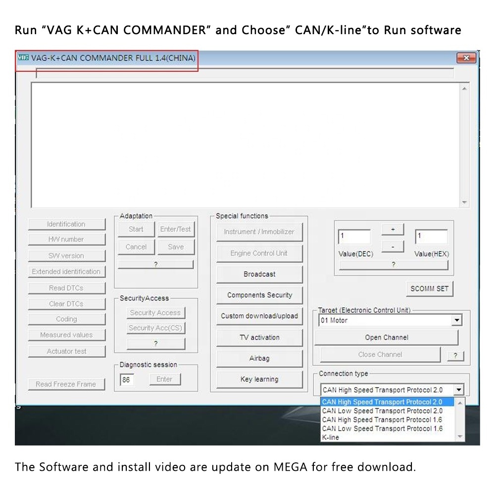 VAG K+CAN Commander 1.4 VAG 1.4 OBD2 Car Diagnostic Tool FT232RL Support CAN+K-line Protocols