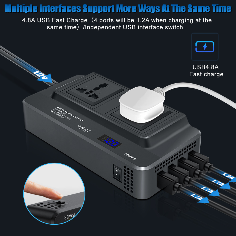 Universal Sockets 2 AC Outlet 4USB Ports Modified Sine Wave 200W Power converter DC 12V to AC 220V Germany Car Power Inverter