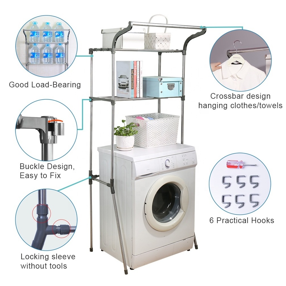 BAOYOUNI 2 Tier Stainless Steel Storage Washing Machine Stand Bathroom Space Saver Organizer Rack Shelf with Hanging Rod