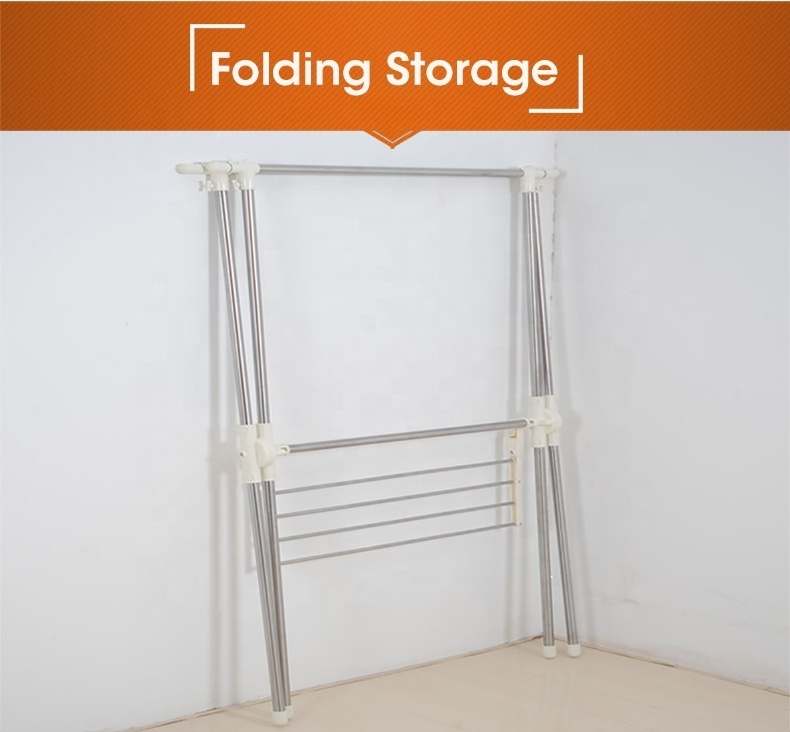 BAOYOUNI Double Pole Foldable Clothes Rack X-Shaped Adjustable Laundry Stand Drying Shelf Collapsible Garment Towel Storage Rack