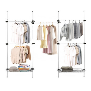 BAOYOUNI Adjustable Clothes Hanger Rack Tension Spring Closet Shelves with 2 Storage Basket 5 Clothes Hanging Bar Garment Stand