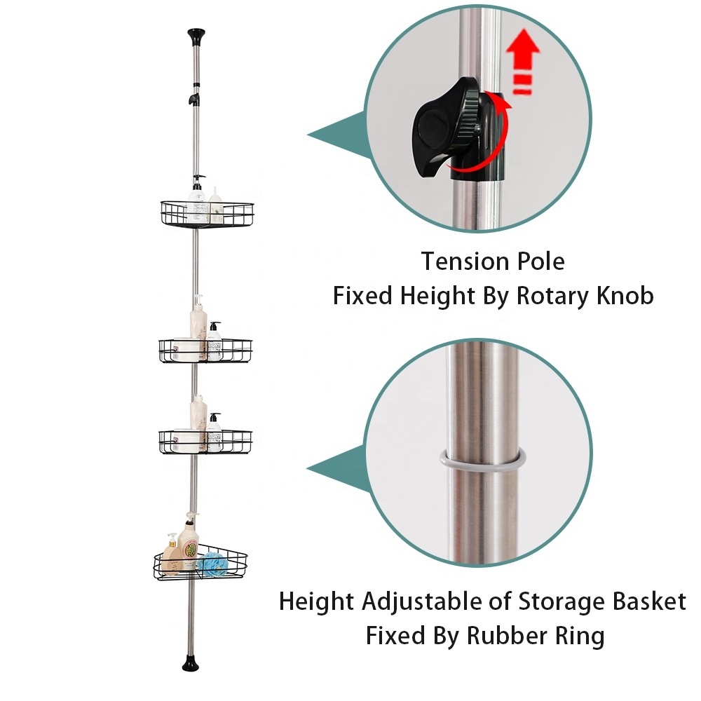 BAOYOUNI Black 4 Layers Shower Caddy Extension Pole Bathroom Storage Shelf Telescopic Corner Wire Basket Organizer Rack