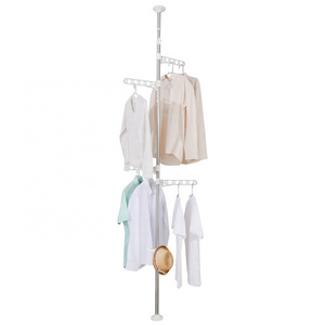 BAOYOUNI 69"-137" Free Standing Laundry Pole Rack with 4 Hanger 1 Hook Vertical Rod Garment Shelf Tension Spring Clothes Rack