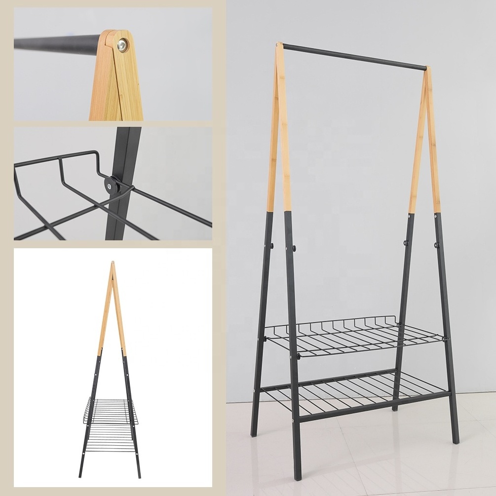 BAOYOUNI Bamboo Clothes Rail Rack with 2 Wire Shelf Black Garment Organizer Stand Shoes Storage Rack for Entryway Furniture