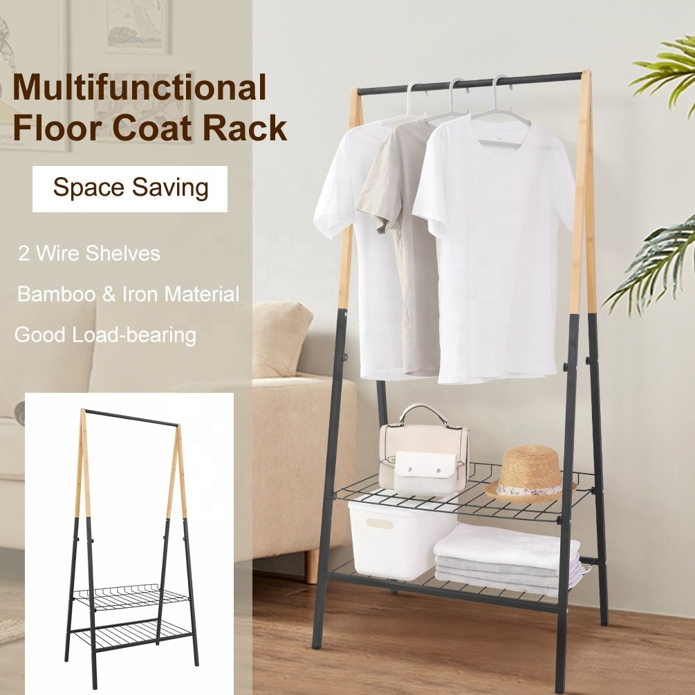 BAOYOUNI Bamboo Clothes Rail Rack with 2 Wire Shelf Black Garment Organizer Stand Shoes Storage Rack for Entryway Furniture