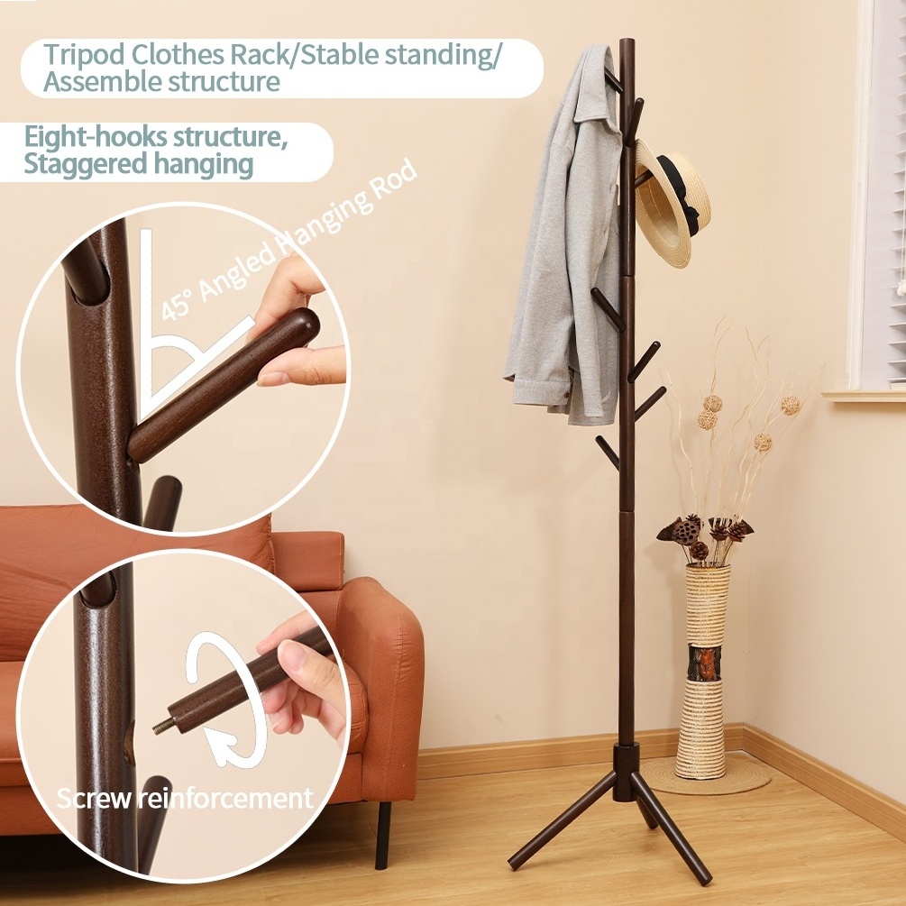 BAOYOUNI Solid Wood Tree Branch Coat Rack with 8 Hooks Garment Hanging Stand Hat Scarf Hanger Rack for Hallway Bedroom Office