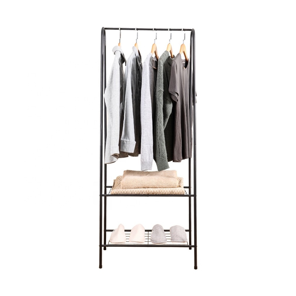 BAOYOUNI Black Metal Coat Rack with 2-Tier Shelves Hallway Storage Garment Clothes Shelf Clothing Stands for Living Room,Bedroom