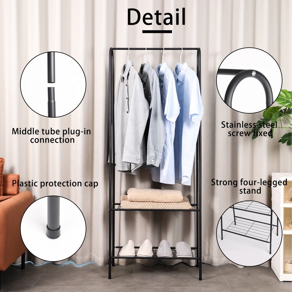 BAOYOUNI Black Metal Coat Rack with 2-Tier Shelves Hallway Storage Garment Clothes Shelf Clothing Stands for Living Room,Bedroom